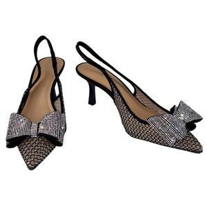 INC International Concepts Eaddaf Black Mesh Rhinestone Bow Slingback Heels 8